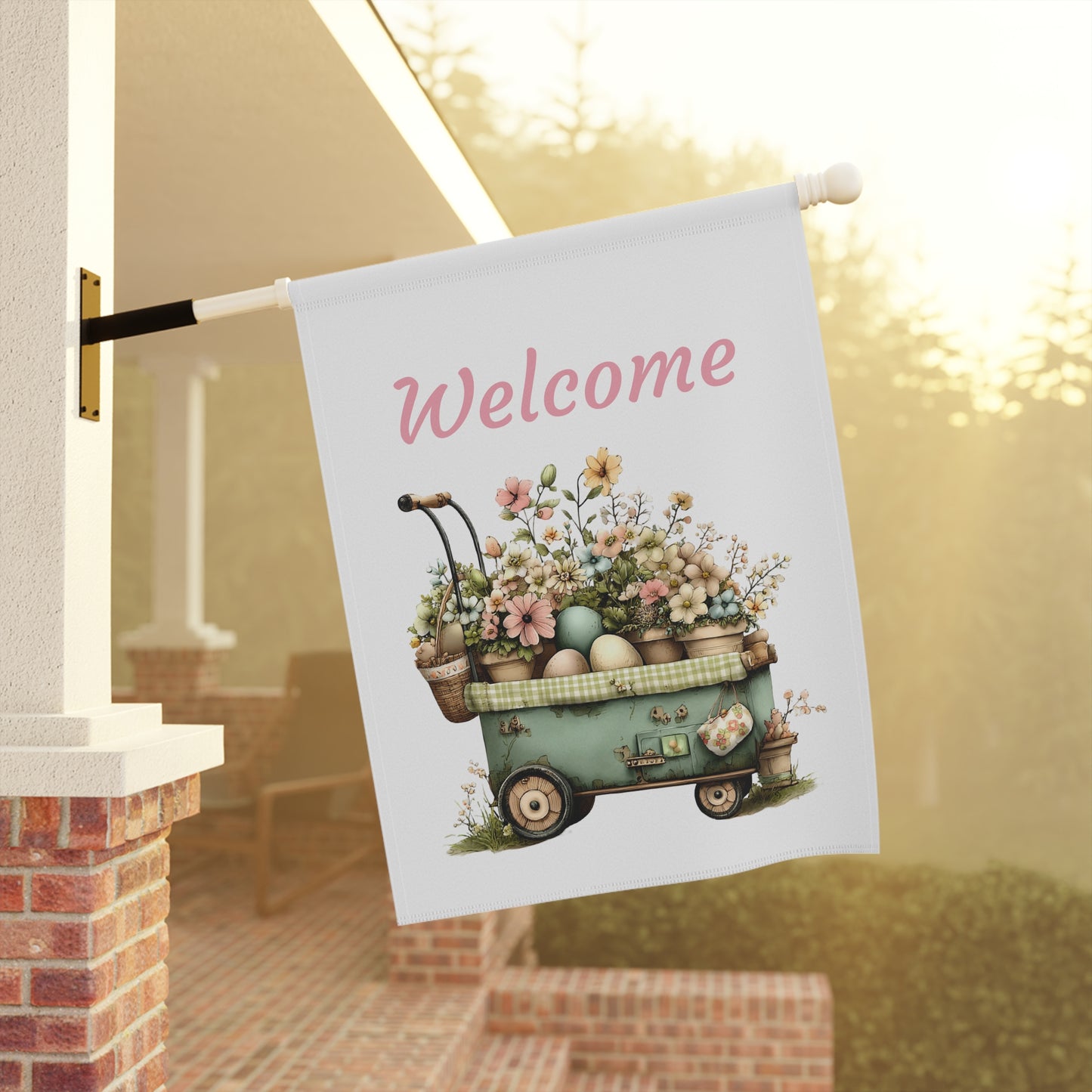 Vintage Flower Wagon Welcome Flag