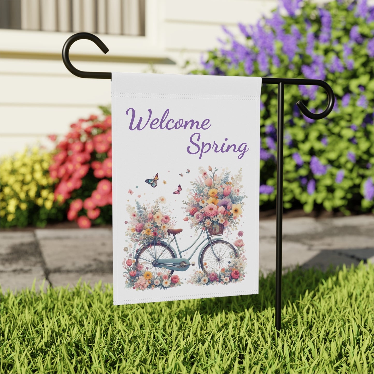 Welcome Spring Garden Flag with Floral Bicycle Design