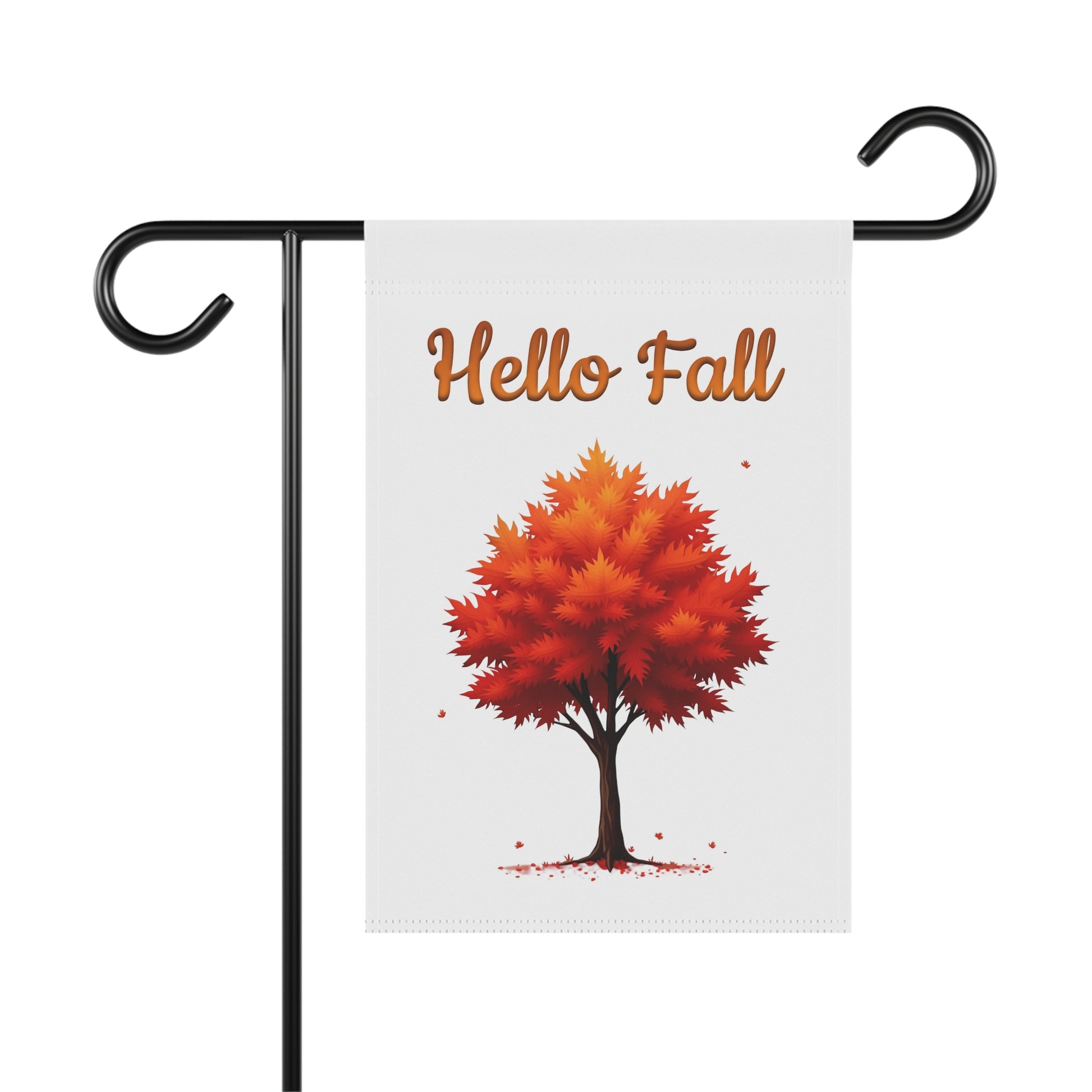 Hello Fall garden flag with a vibrant autumn tree with red and orange leaves.

