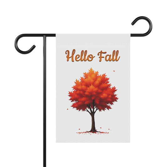 Hello Fall garden flag with a vibrant autumn tree with red and orange leaves.

