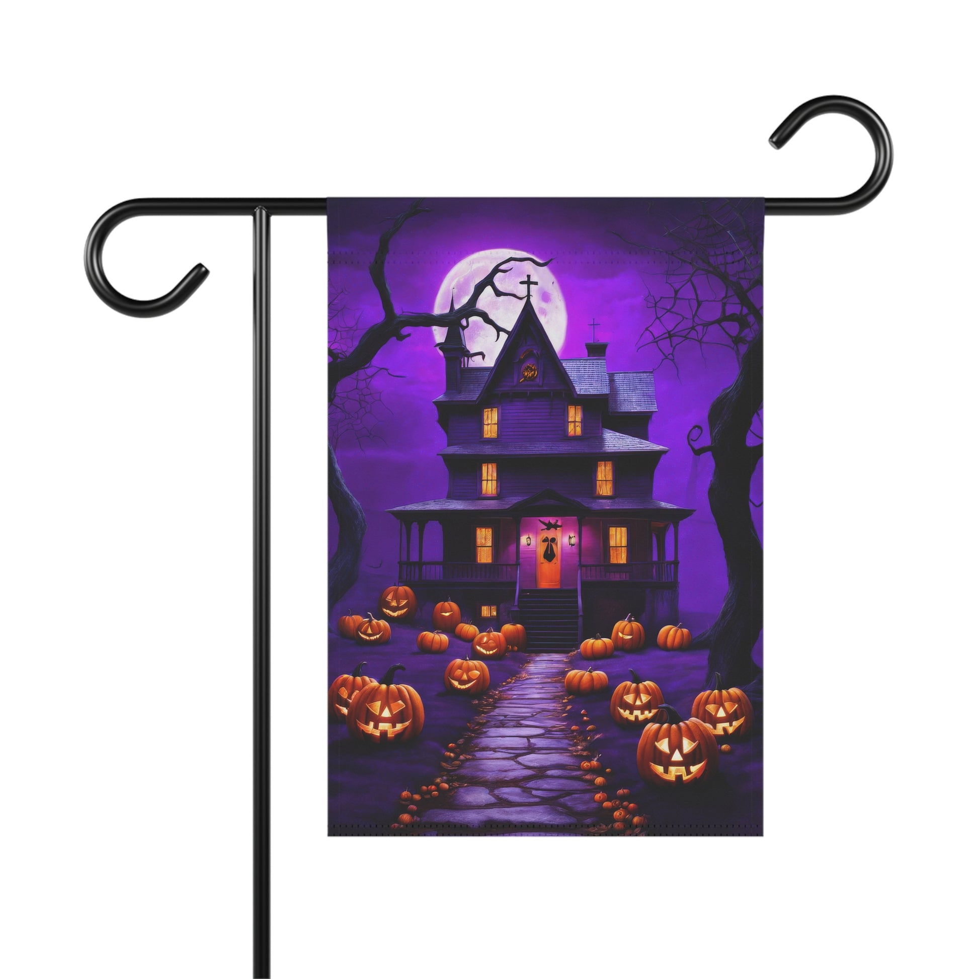 Purple Halloween garden flag with haunted house, jack-o’-lanterns, full moon, and spooky trees