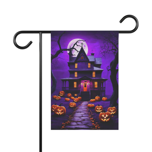 Purple Halloween garden flag with haunted house, jack-o’-lanterns, full moon, and spooky trees
