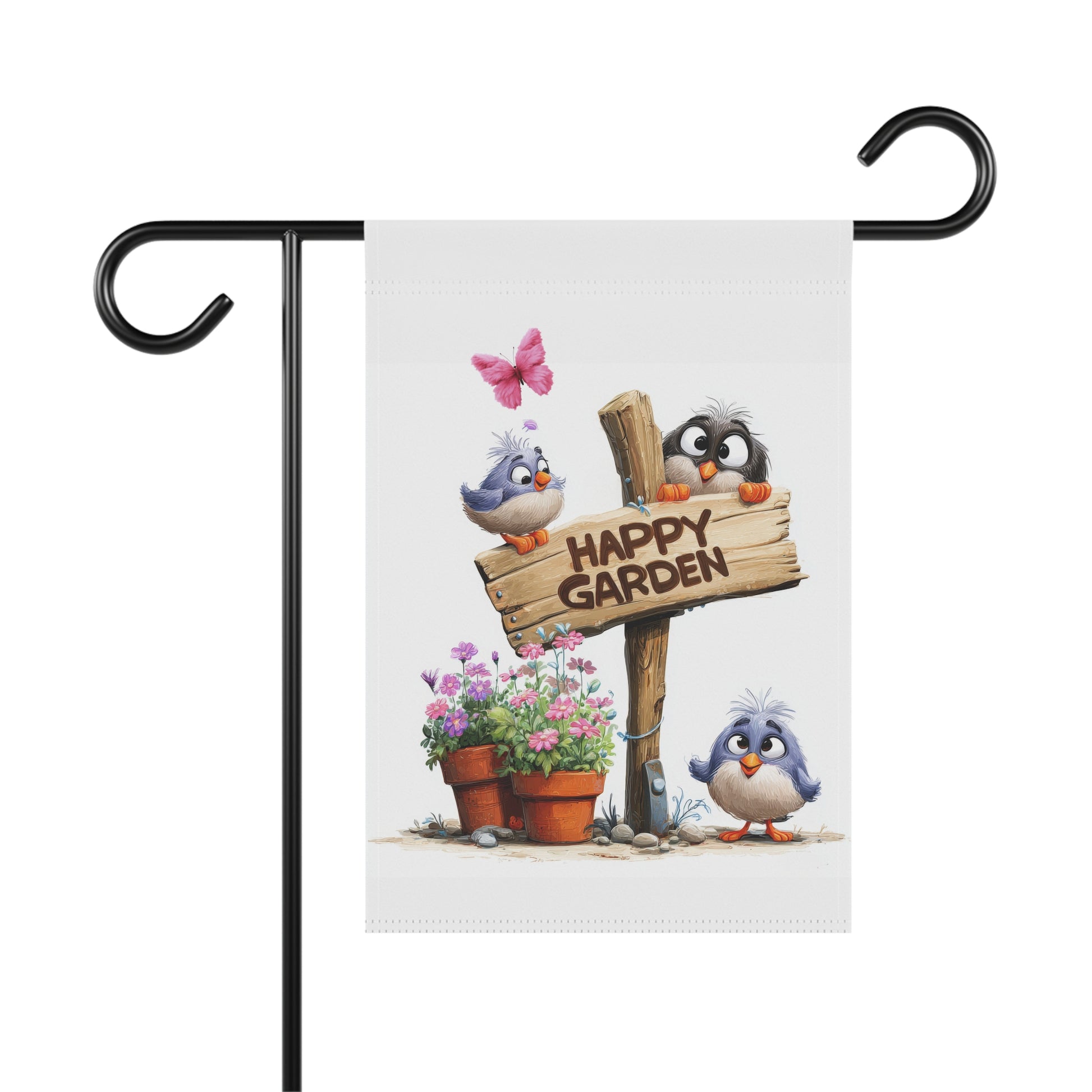 Whimsical garden flag featuring a rustic wooden signpost that reads Happy Garden, with three cute cartoon birds, a flying pink butterfly, and two terra cotta flower pots filled with pink blossoms.