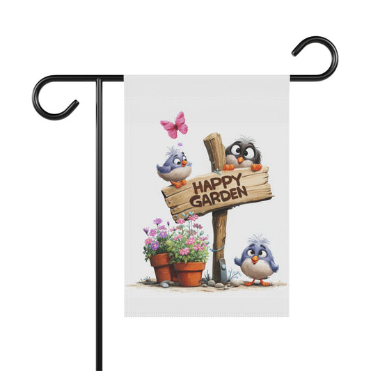 Whimsical garden flag featuring a rustic wooden signpost that reads Happy Garden, with three cute cartoon birds, a flying pink butterfly, and two terra cotta flower pots filled with pink blossoms.
