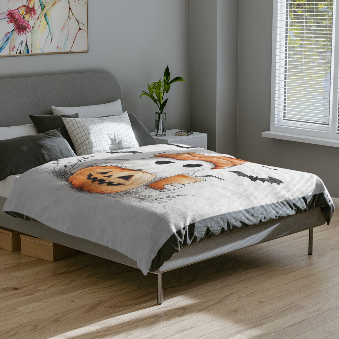Cute Ghost with Pumpkin & Drink Halloween Lightweight Velveteen Blanket