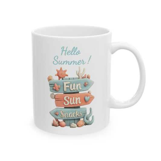 Summer ceramic coffee mug featuring a pastel-colored wooden signpost with directional arrows reading Fun, Sun, and Snacks, surrounded by coastal coral and starfish under text that reads Hello Summer.