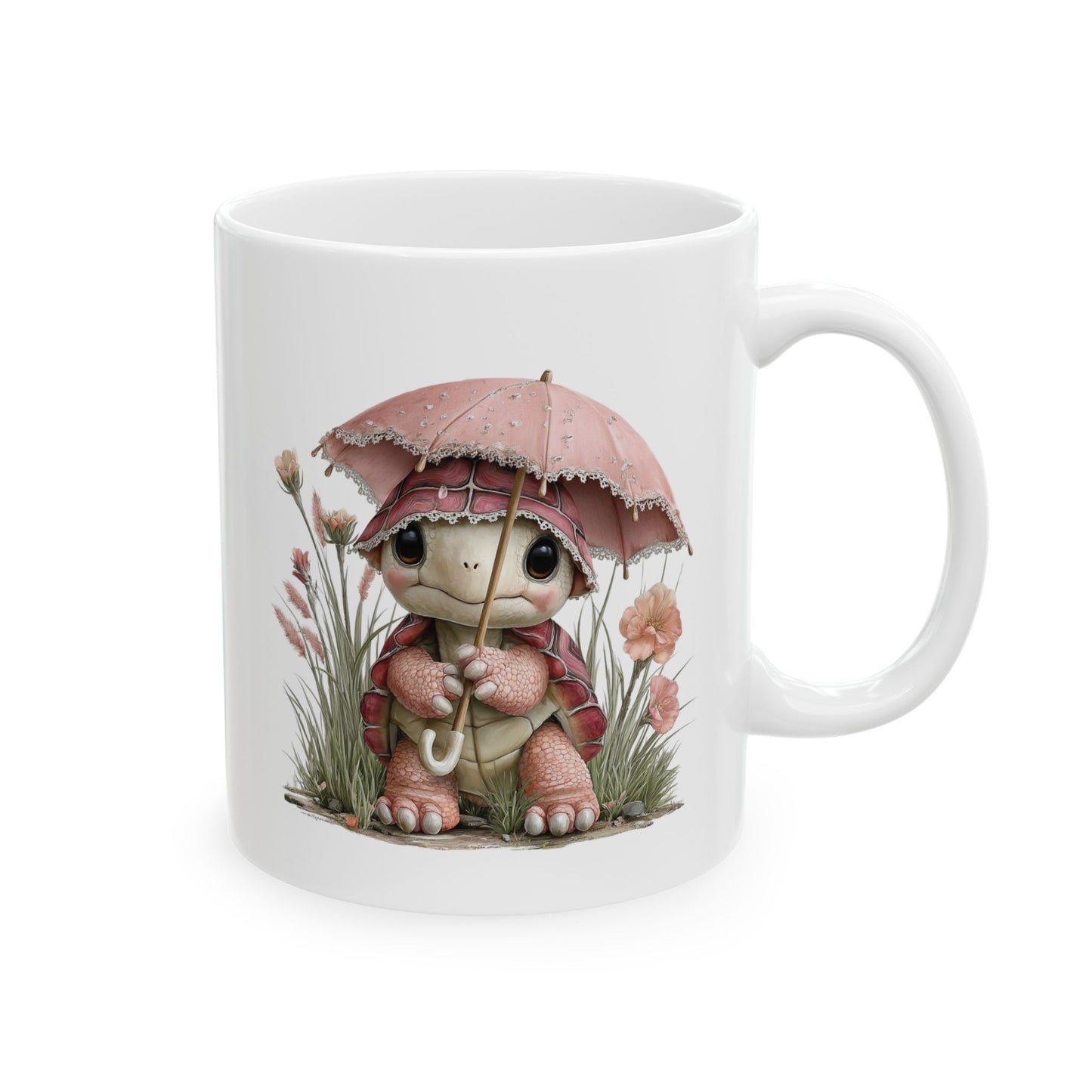 Cute baby turtle holding a pink lace-trimmed umbrella in meadow flowers on a ceramic coffee mug