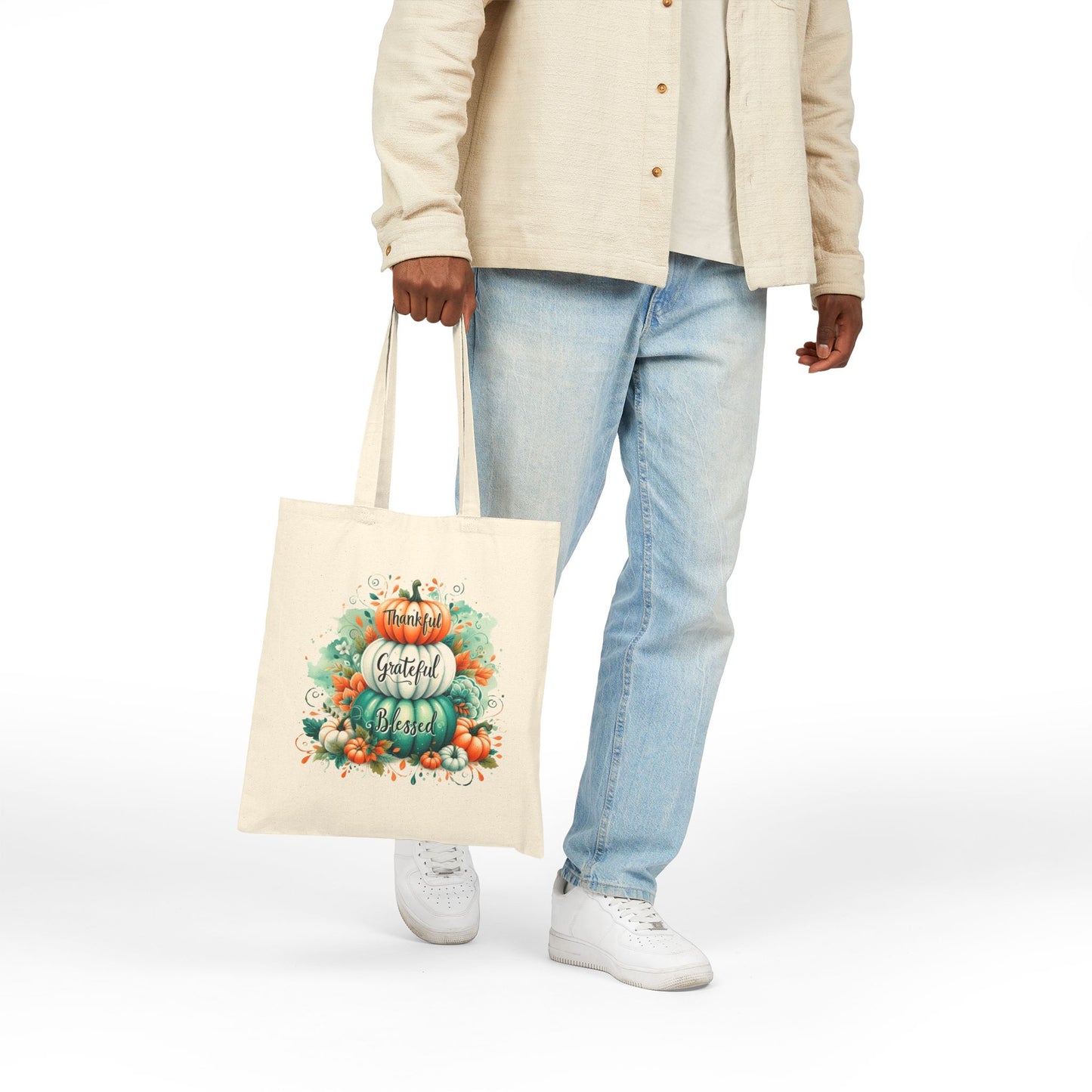 Thankful Grateful Blessed Pumpkin Stack Canvas Tote Bag