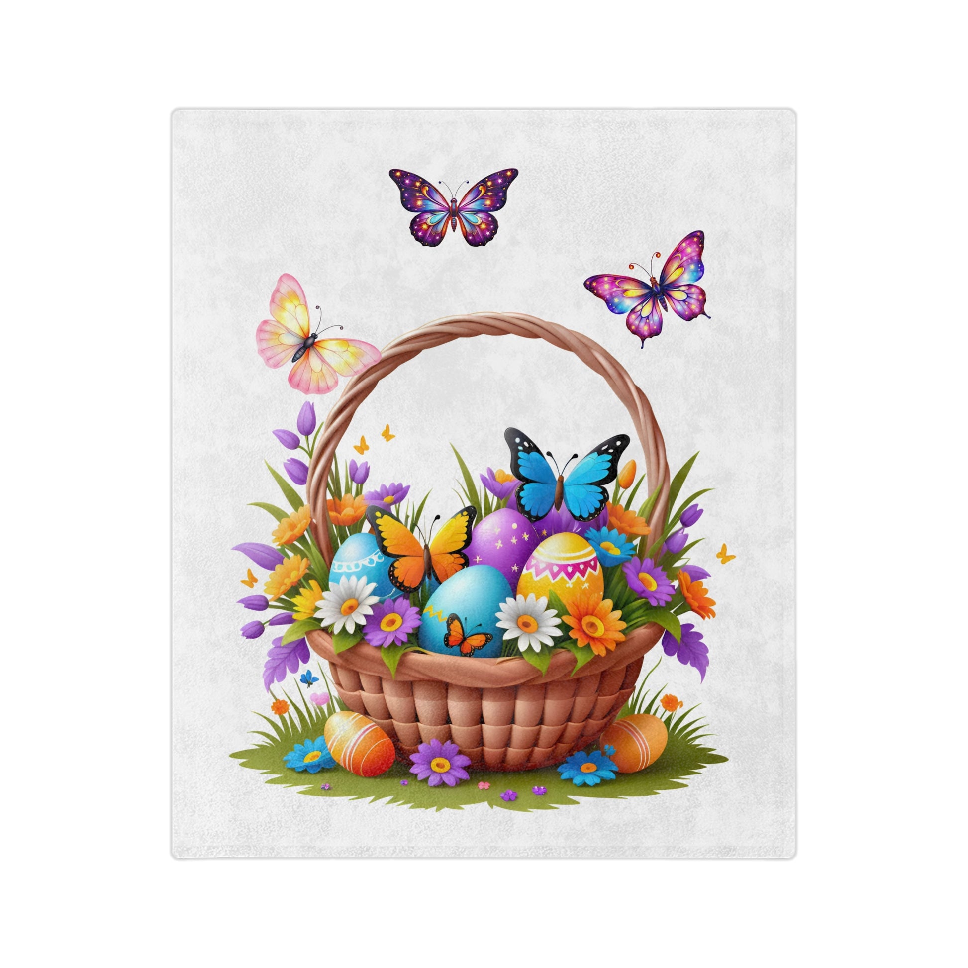"Close-up of a lightweight velveteen blanket featuring a brown woven Easter basket filled with colorful, patterned Easter eggs (blue, purple, yellow, orange) and a variety of spring flowers (purple, orange, white daisies). Several vibrant butterflies in shades of pink, purple, and blue are flying above and around the basket. The basket sits on a patch of green grass with small purple and orange flowers. 
