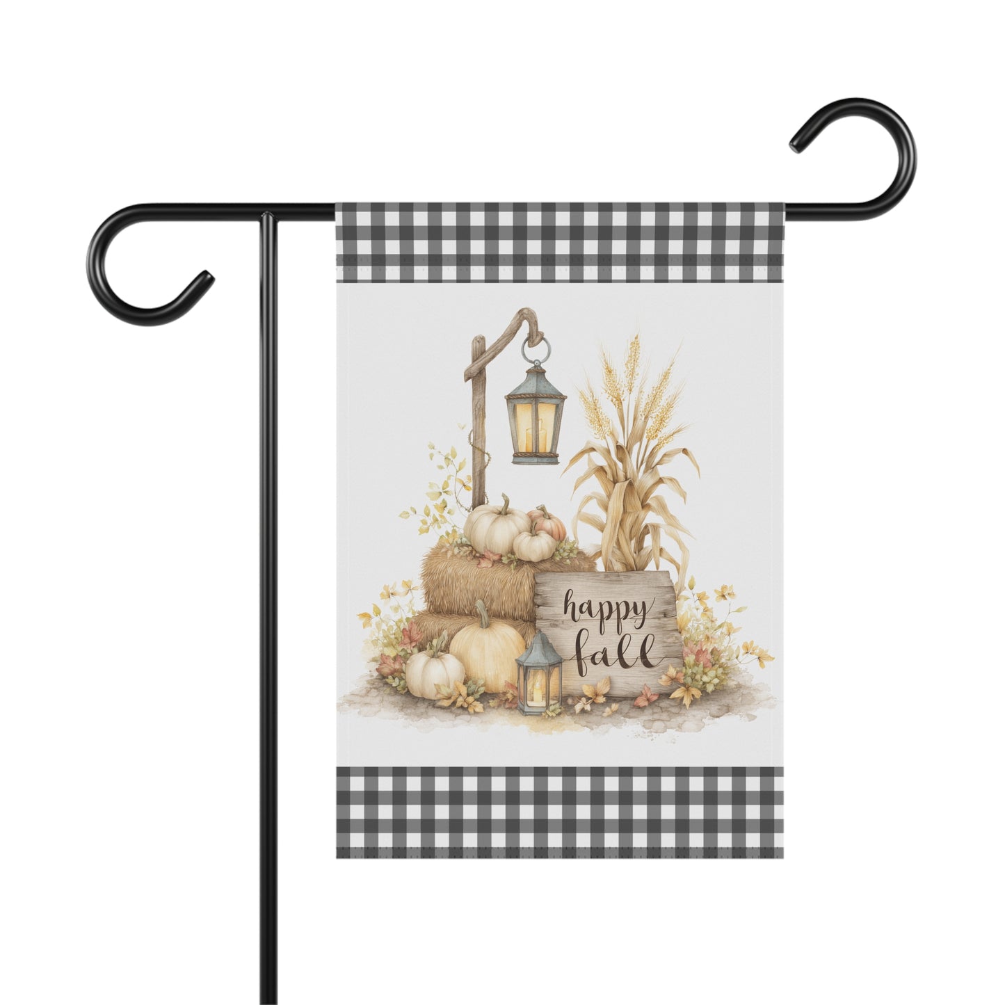 Whimsical autumn garden flag featuring a harvest scene with hay bales, cream pumpkins, corn stalks, lanterns, and a happy fall wooden sign, framed by black and white buffalo plaid borders at the top and bottom.