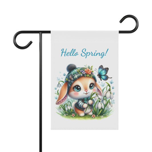 "Hello Spring!" garden flag featuring a cute watercolor bunny with a floral hat, holding snowdrops, with a butterfly nearby.
