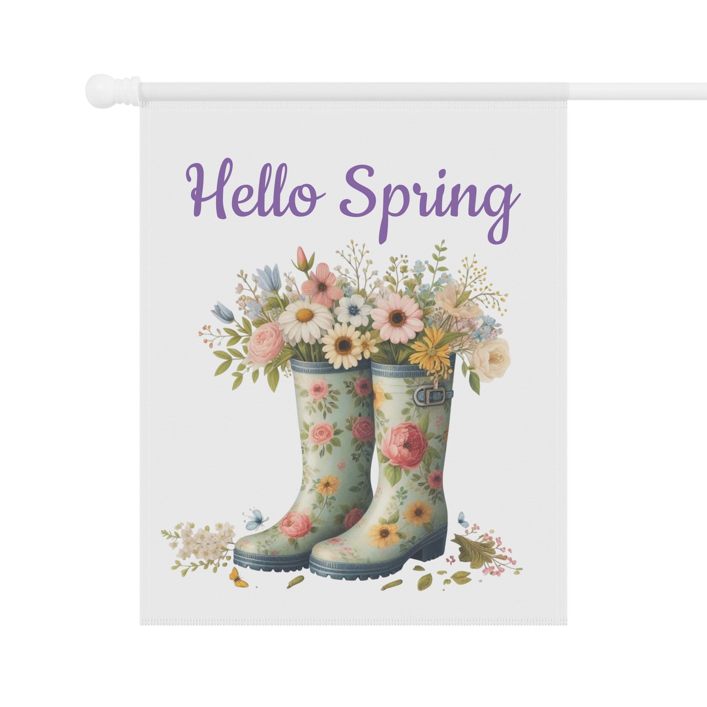 "Hello Spring" Garden Flag with Floral Rain Boots