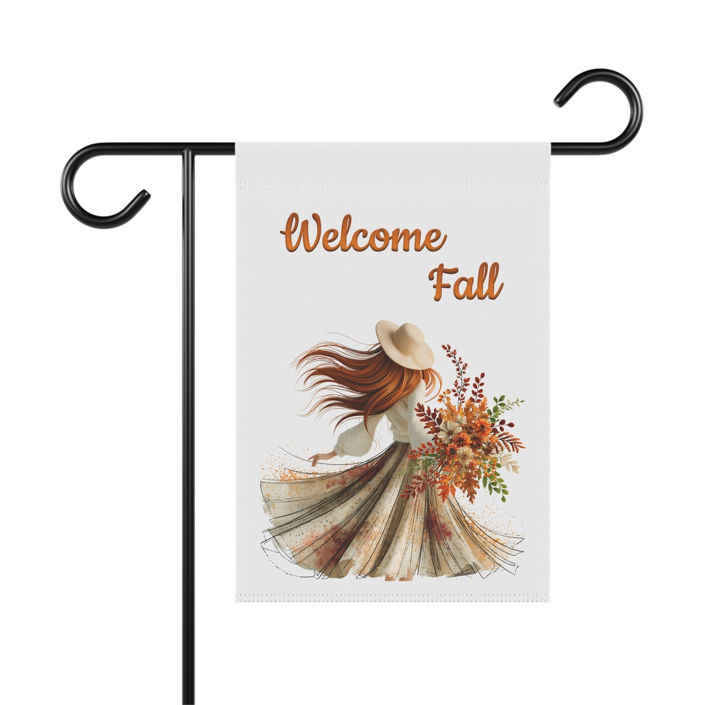 Outdoor garden flag featuring an illustration of a woman in a wide-brim hat holding autumn foliage beneath orange script text reading Welcome Fall.