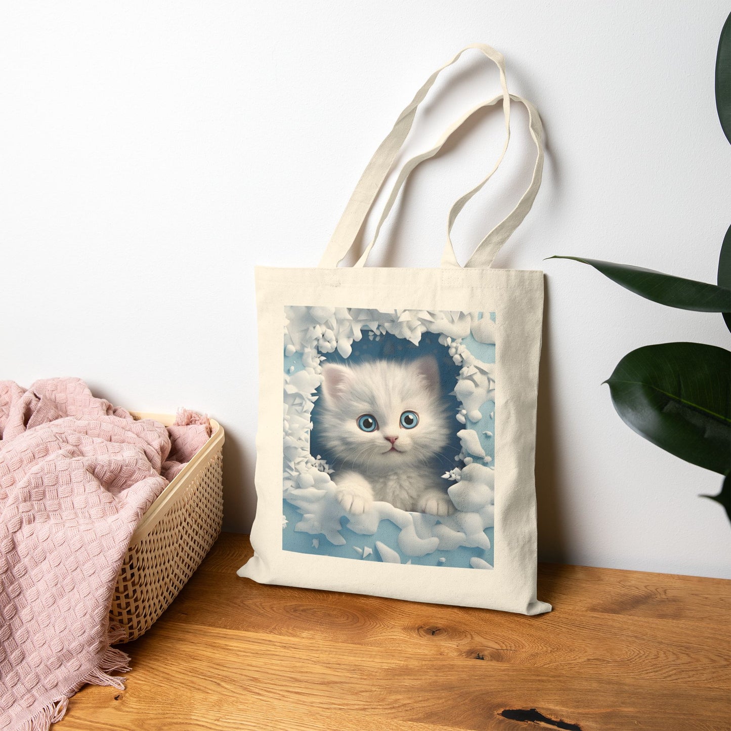 Cute Blue-Eyed Kitten Reusable Tote Bag