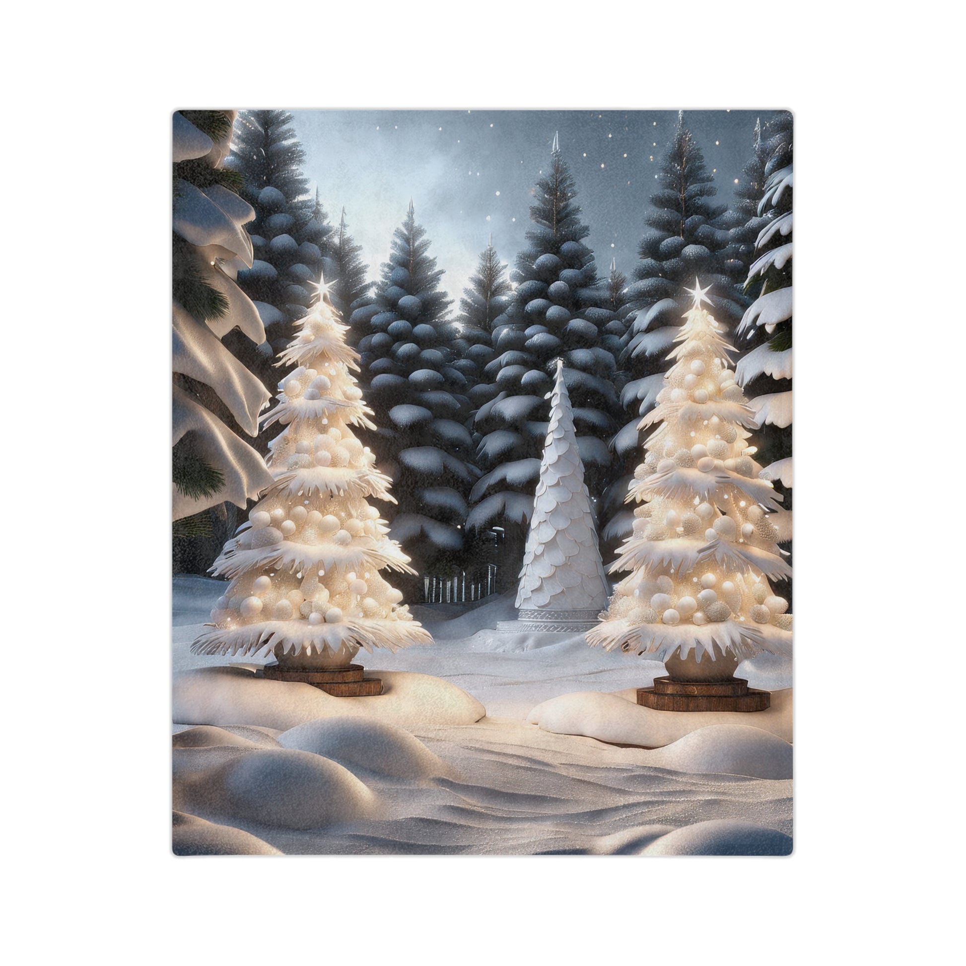 White Christmas trees glowing in a snowy forest at night on a winter-themed plush blanket