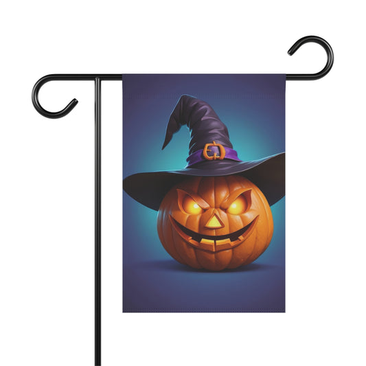 “Halloween garden flag featuring a glowing jack-o'-lantern with a mischievous grin wearing a witch hat on a dark background”