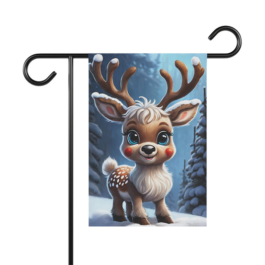 Cute cartoon spotted baby reindeer garden flag with rosy cheeks and snow-capped antlers, standing in a snowy forest, festive holiday outdoor decor.

