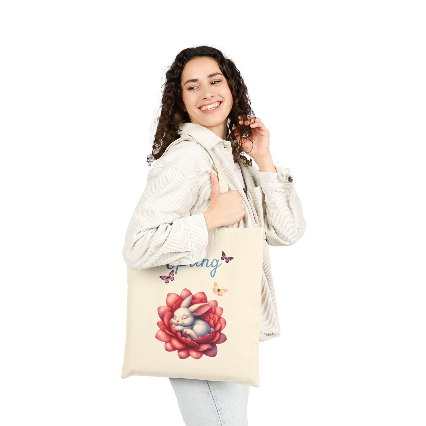 Adorable Sleeping Bunny & Floral Canvas Tote Bag