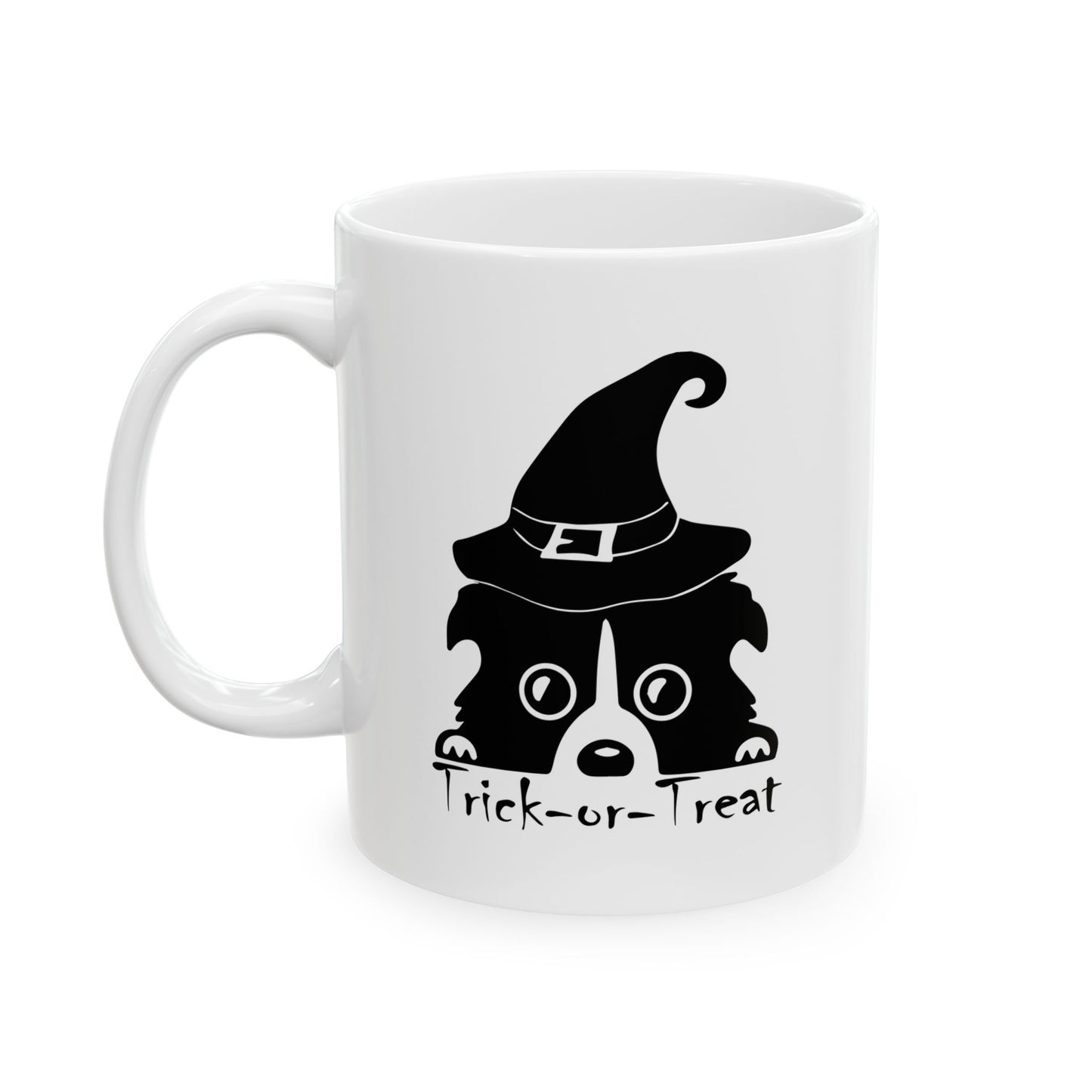 White coffee mug with cute dog wearing a witch hat and "Trick-or-Treat" text, Halloween themed dog mug, Spooky season coffee cup.
