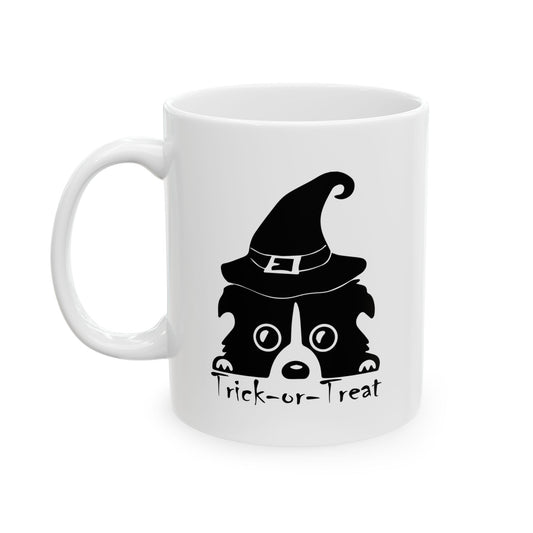 White coffee mug with cute dog wearing a witch hat and "Trick-or-Treat" text, Halloween themed dog mug, Spooky season coffee cup.