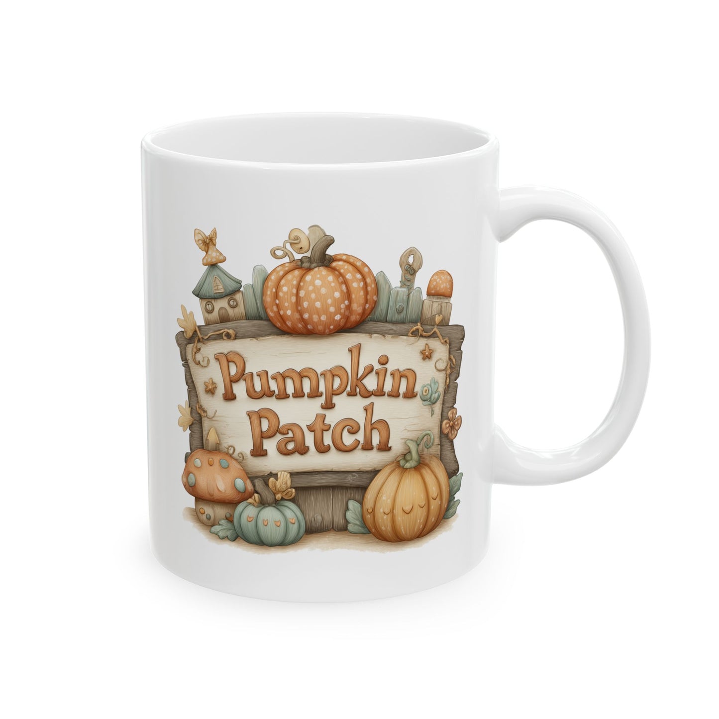 White ceramic mug featuring storybook pumpkin patch sign illustration with text reading Pumpkin Patch.