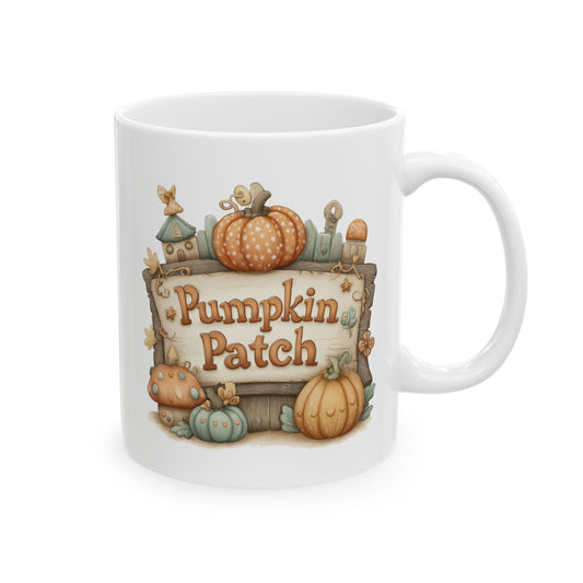 White ceramic mug featuring storybook pumpkin patch sign illustration with text reading Pumpkin Patch.