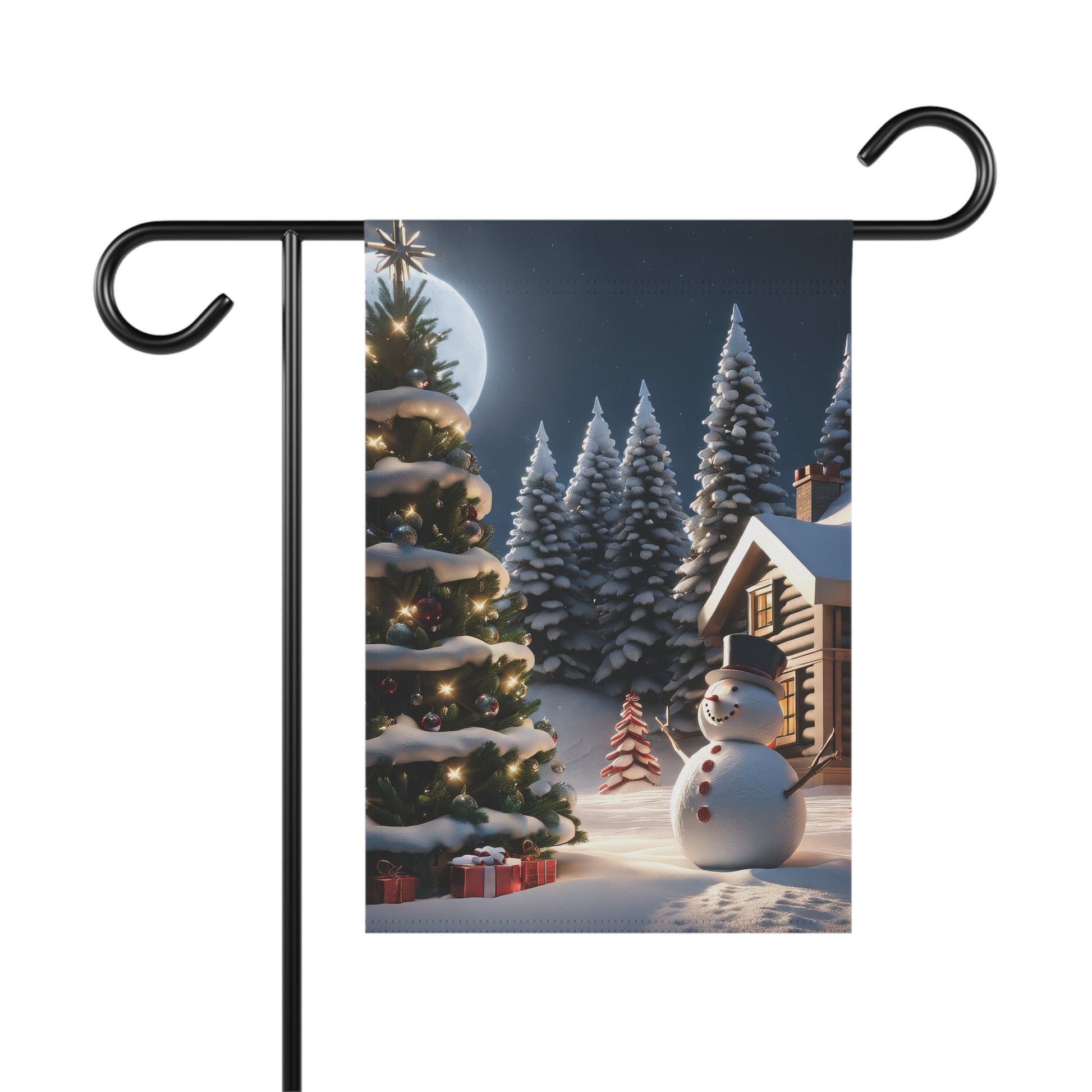 Magical Christmas Eve garden flag with a snow-covered cabin, smiling snowman, lit Christmas tree with presents, and a full moon in a snowy forest, on a black metal garden flag stand.

