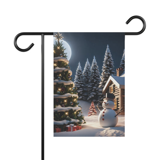 Magical Christmas Eve garden flag with a snow-covered cabin, smiling snowman, lit Christmas tree with presents, and a full moon in a snowy forest, on a black metal garden flag stand.

