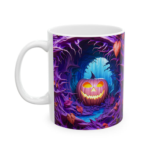 White ceramic coffee mug with a 3D-style illustration of a glowing pink jack-o'-lantern inside a dark purple tree trunk opening, surrounded by twisted roots and fallen reddish-orange leaves, with a reflective blue pool of light at the bottom