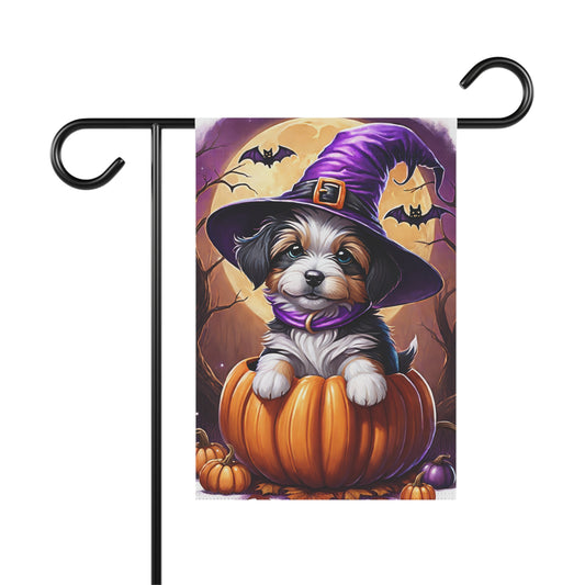Adorable Halloween garden flag with puppy in pumpkin wearing purple witch hat and bats in moonlit background
