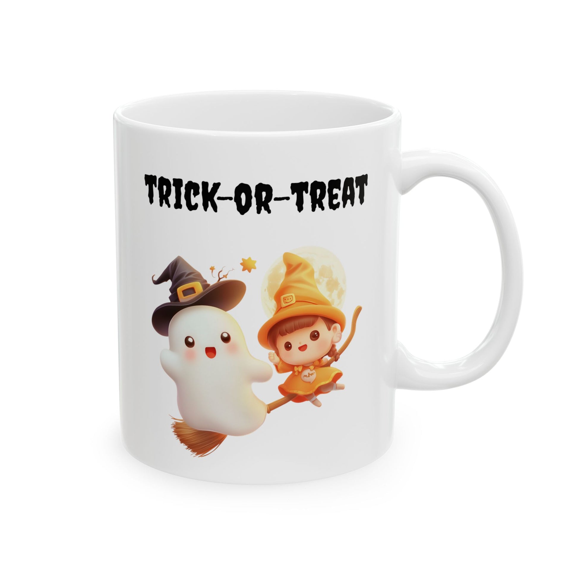 Cute ghost wearing a witch hat floating alongside a little witch riding a broomstick with Trick-or-Treat text printed on a white ceramic Halloween mug, White ceramic Halloween mug featuring a cute ghost and witch broomstick design with Trick-or-Treat text, Cute Halloween witch and ghost ceramic coffee mug for spooky season drinkware