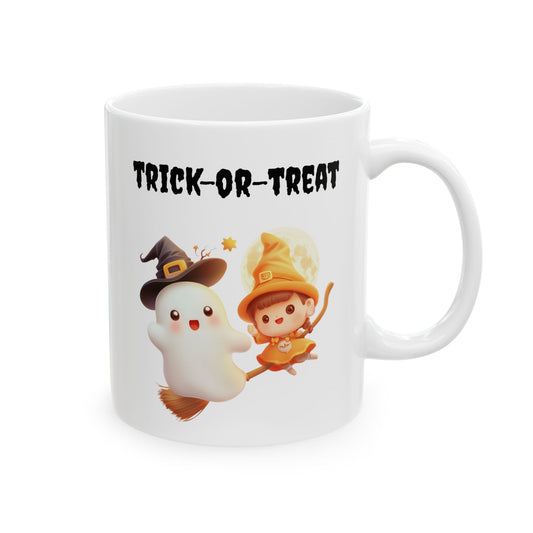 Cute ghost wearing a witch hat floating alongside a little witch riding a broomstick with Trick-or-Treat text printed on a white ceramic Halloween mug, White ceramic Halloween mug featuring a cute ghost and witch broomstick design with Trick-or-Treat text, Cute Halloween witch and ghost ceramic coffee mug for spooky season drinkware