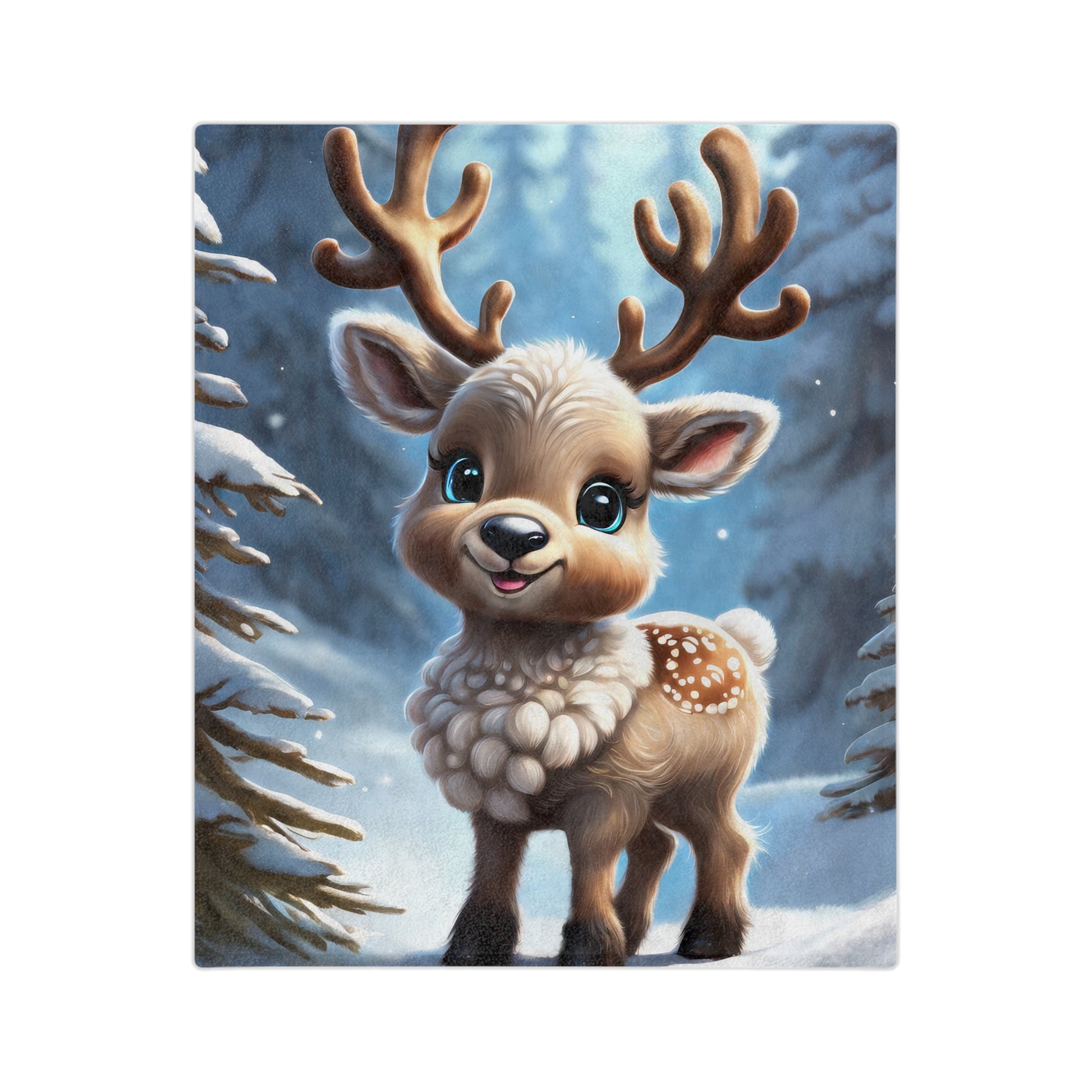 Plush blanket with a cute baby reindeer standing in a snowy forest, with big blue eyes and cozy fur

