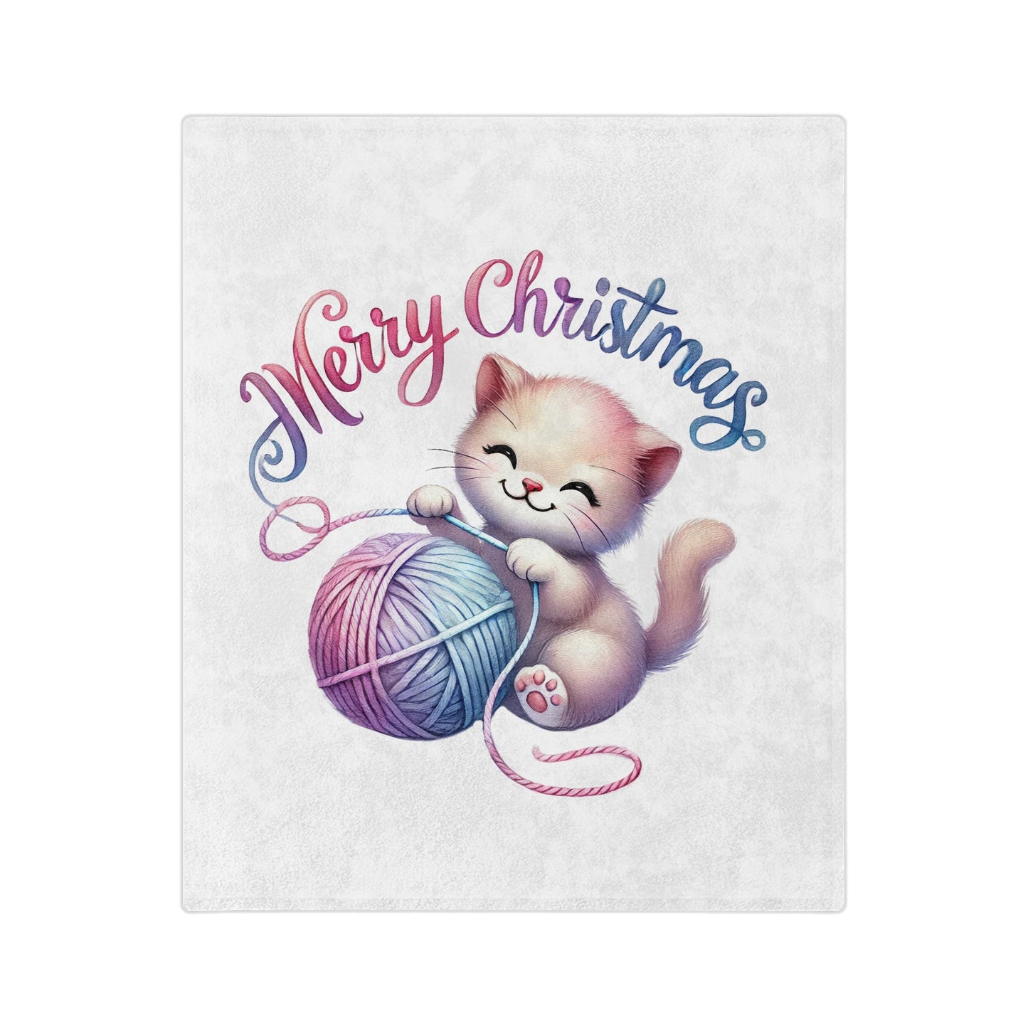 Cute Christmas kitten playing with yarn under “Merry Christmas” text on a velveteen plush holiday blanket

