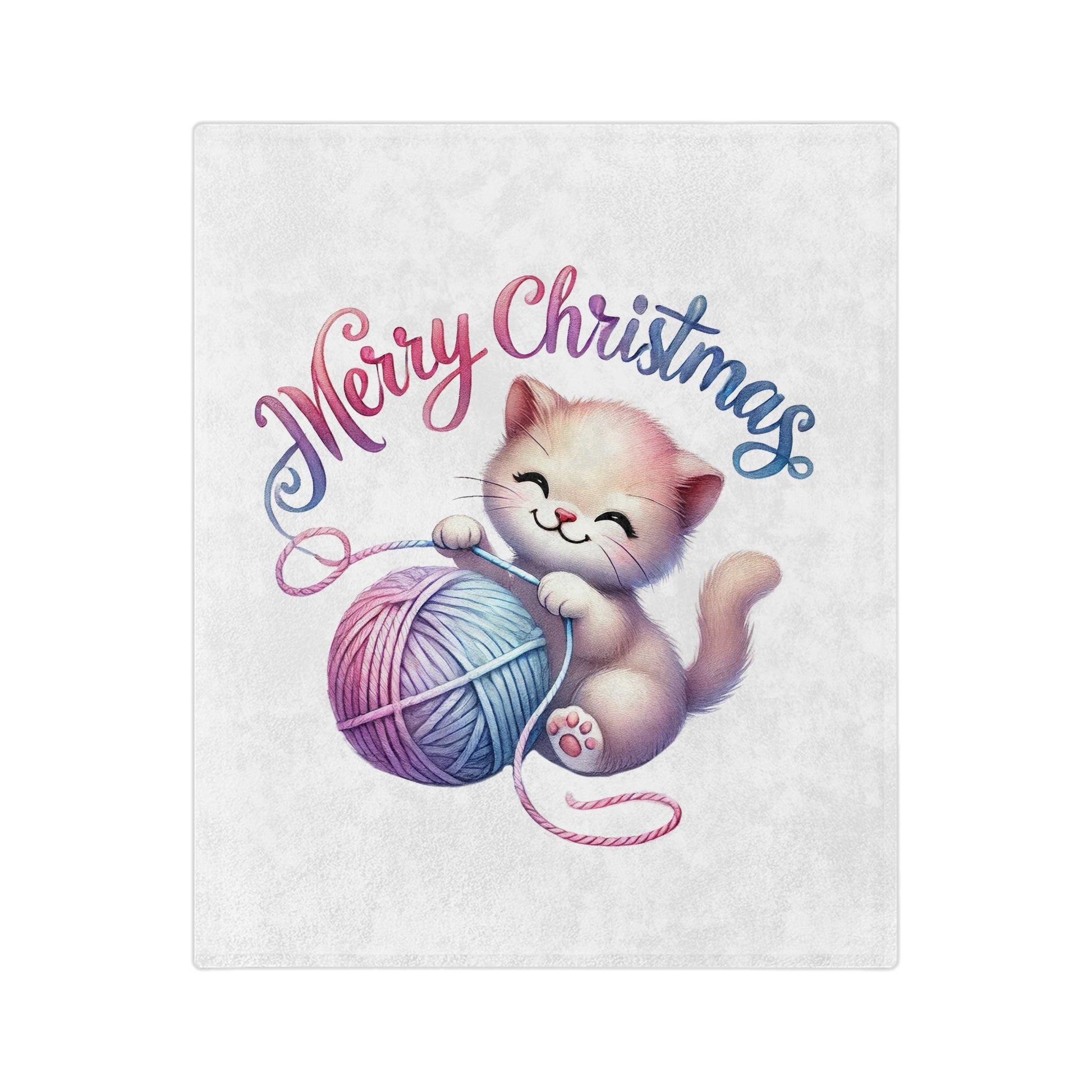 Cute Christmas kitten playing with yarn under “Merry Christmas” text on a velveteen plush holiday blanket

