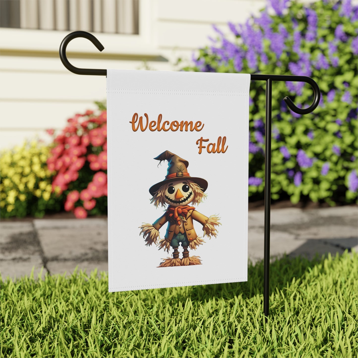 Welcome Fall garden flag with a smiling scarecrow