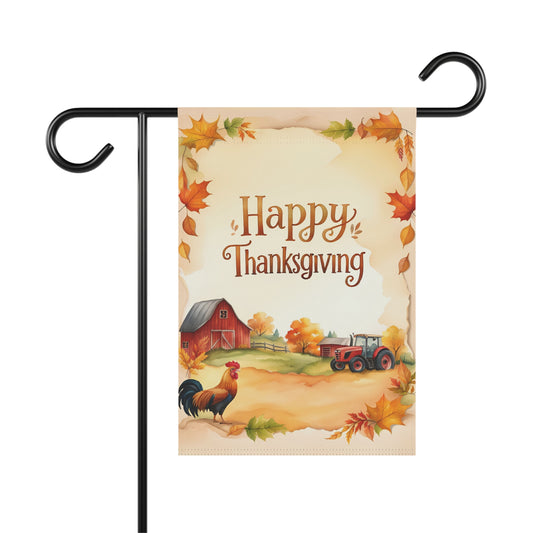 Rustic Thanksgiving garden flag with red barn, tractor, rooster, and autumn leaves
