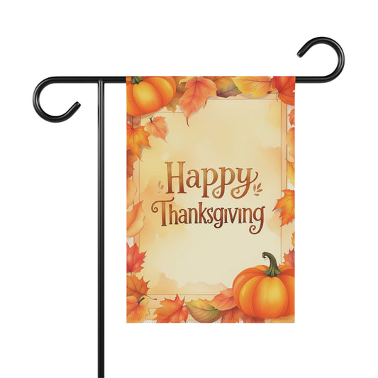 Happy Thanksgiving garden flag with pumpkins and colorful autumn leaves border, fall harvest decor, seasonal welcome flag.

