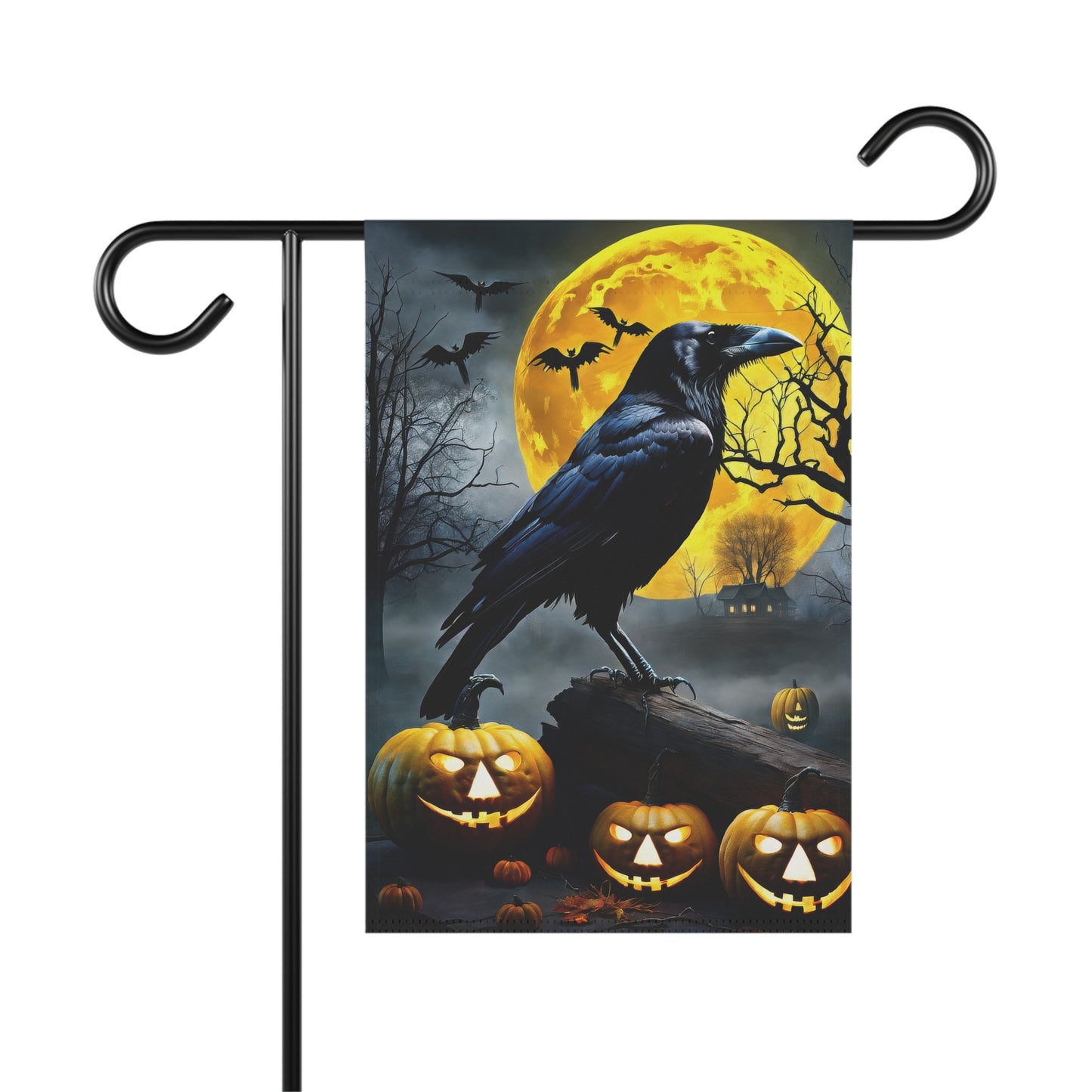 Halloween raven flag, Halloween crow decor, spooky garden flag, gothic Halloween flag, raven with pumpkins, Halloween yard decoration, Halloween crow flag, scary garden flag, haunted house yard flag, Halloween moon flag
