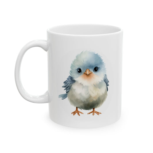 White coffee mug with beautiful watercolor baby sparrow illustration, Cute bird lover mug, Baby sparrow graphic on ceramic cup.