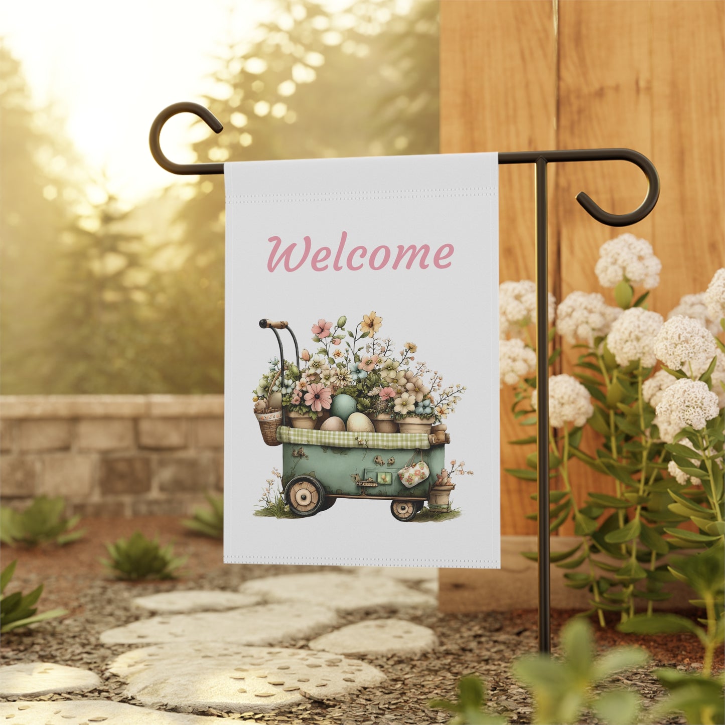Vintage Flower Wagon Welcome Flag