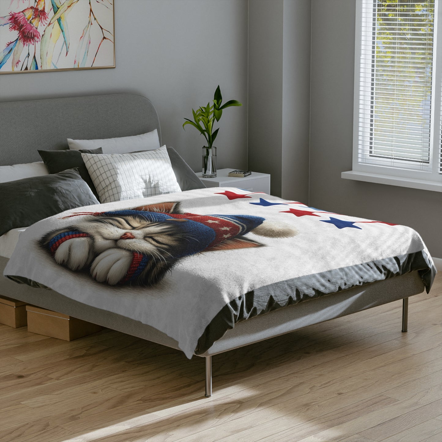 Sleeping Kitten in Patriotic Hat Velveteen Plush Blanket
