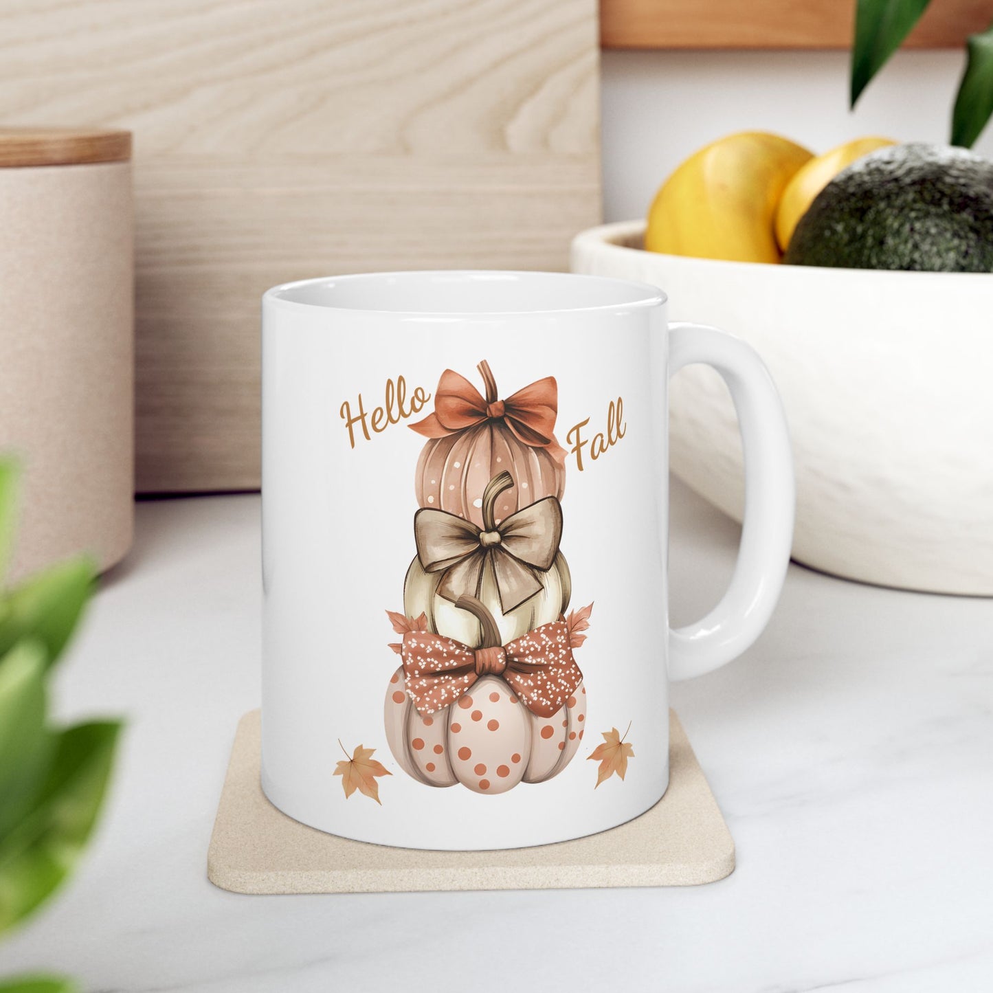 "Hello Fall" Bowed Pumpkin Stack Coffee Mug