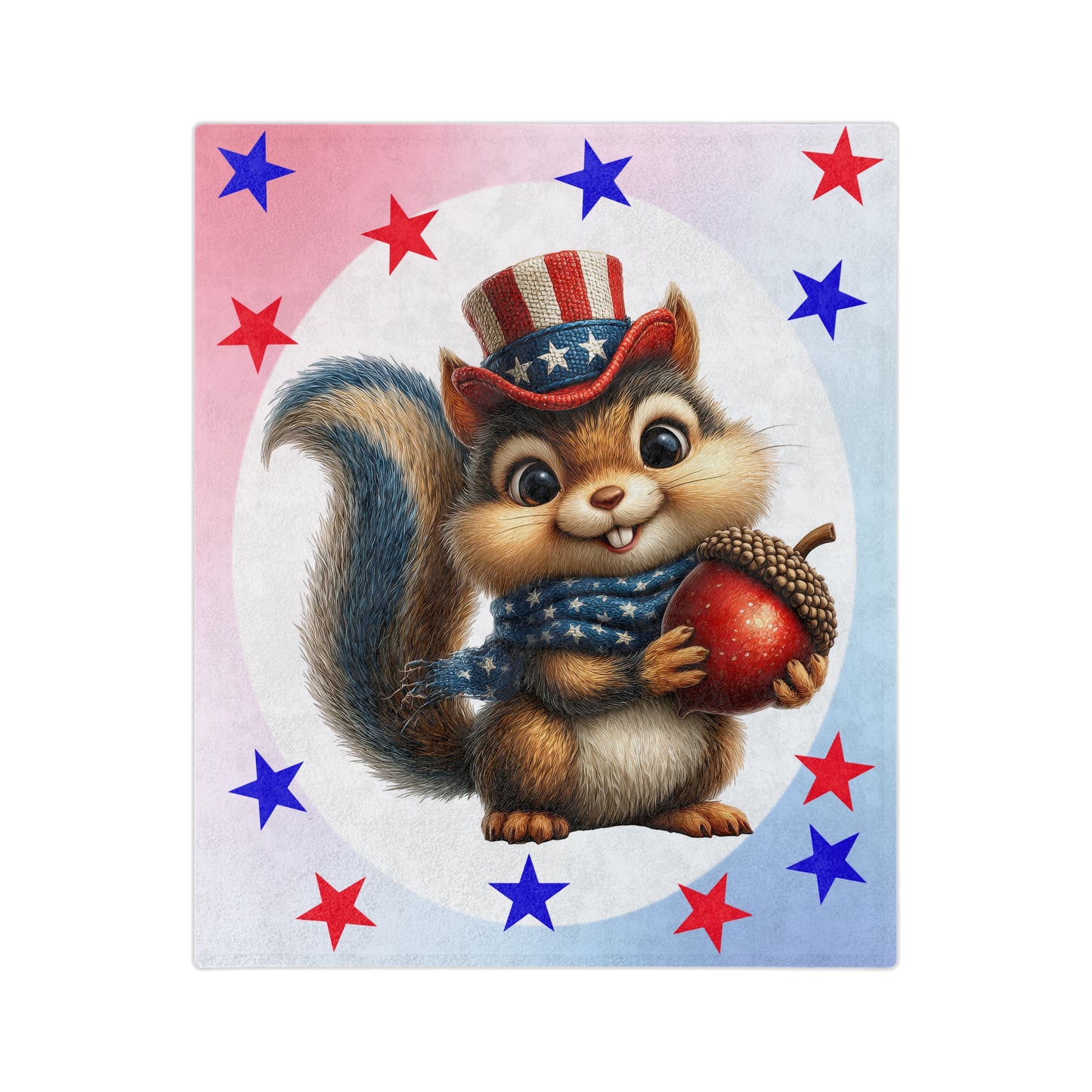 Velveteen plush blanket featuring a cute squirrel in patriotic attire holding an acorn, surrounded by red and blue stars on a soft gradient background