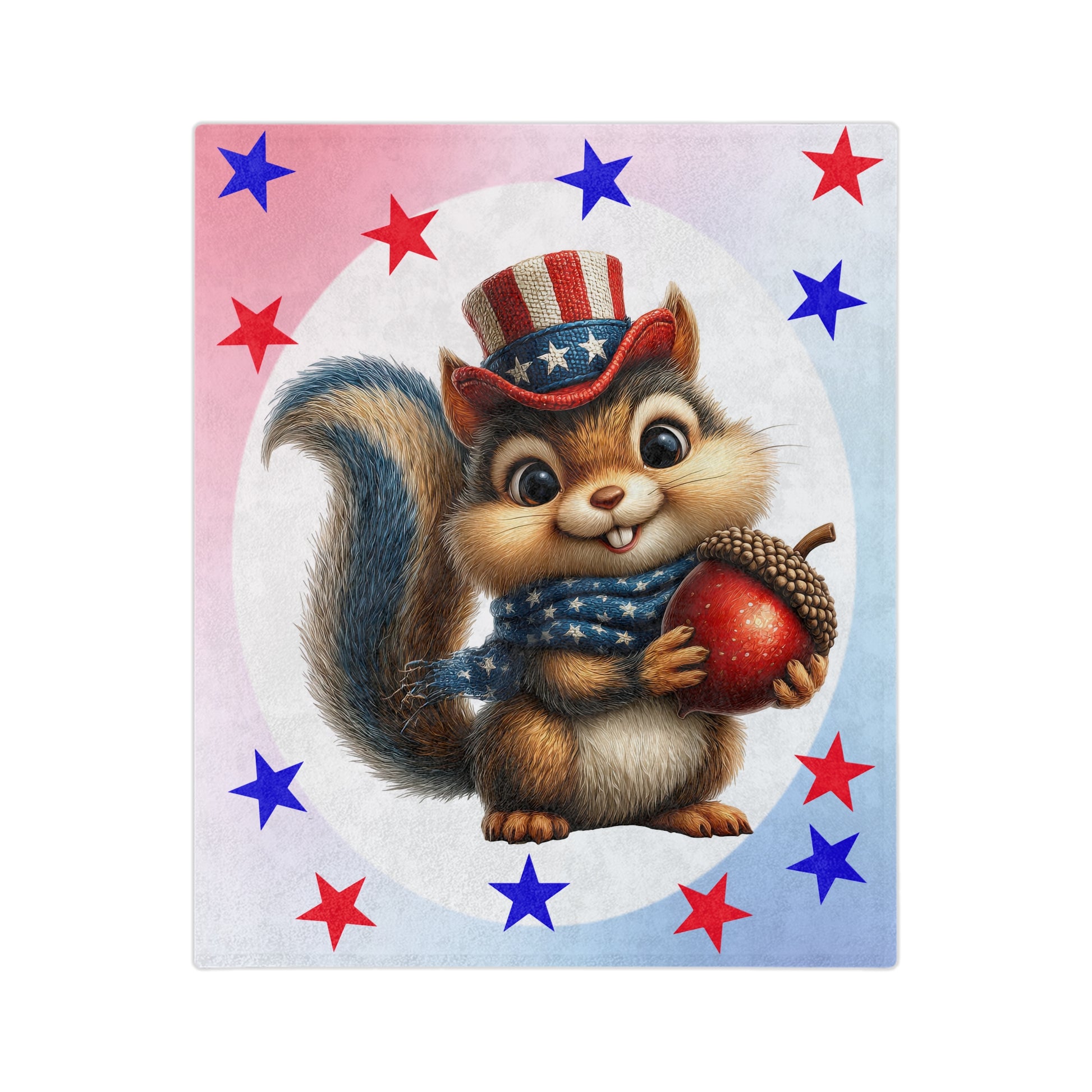 Velveteen plush blanket featuring a cute squirrel in patriotic attire holding an acorn, surrounded by red and blue stars on a soft gradient background