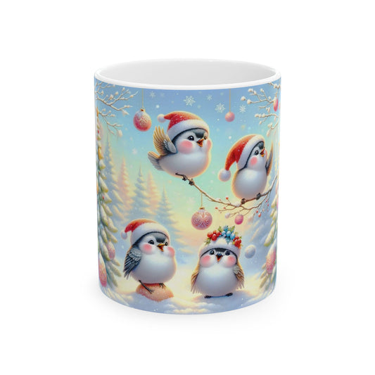 White ceramic coffee mug with a charming illustration of four cute, fluffy birds in Santa hats and one with a festive headpiece, sitting on a branch and in the snow, surrounded by a snowy winter landscape with pink and blue sky.

