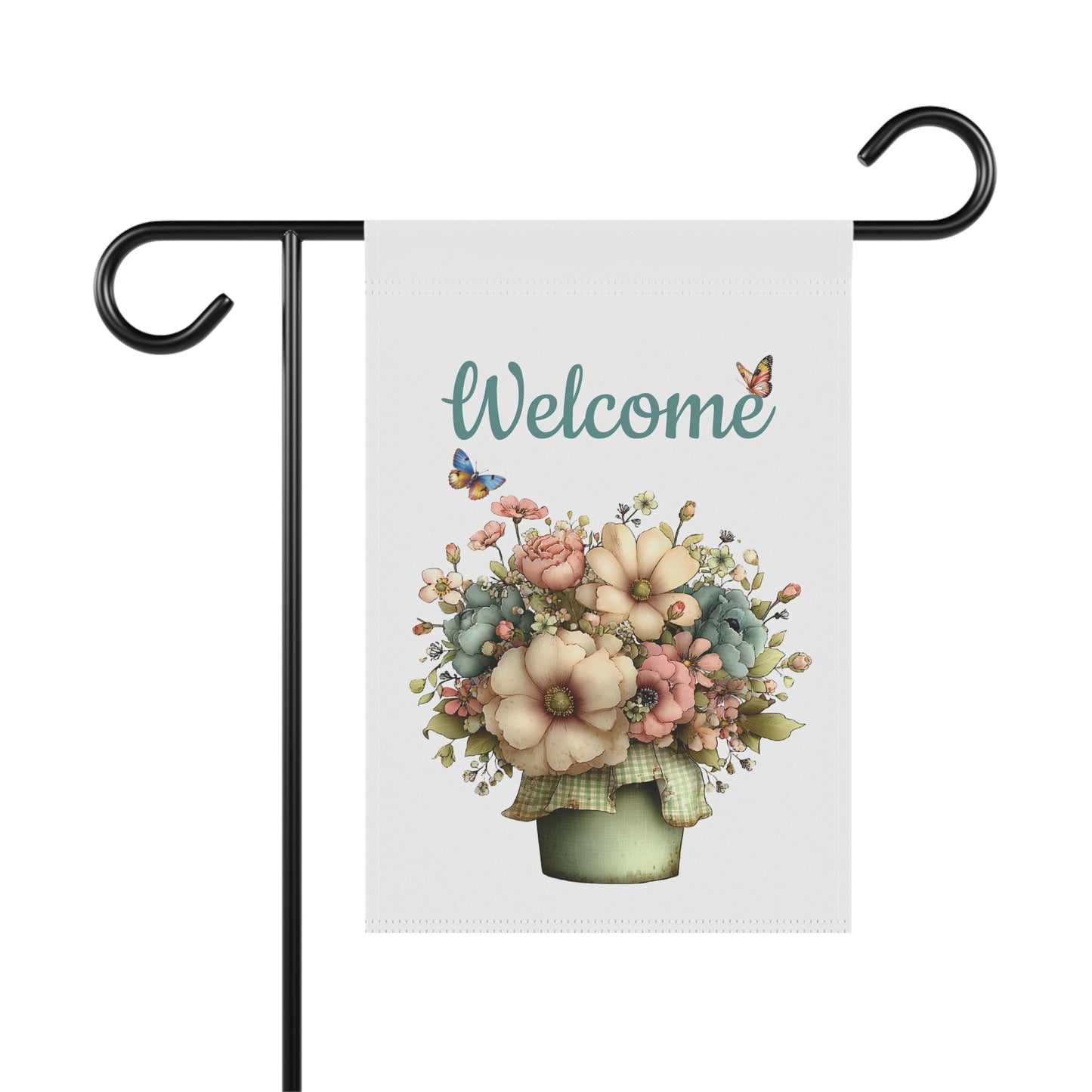 Garden flag on a black metal stand printed with teal script Welcome text above a potted wildflower bouquet with butterflies