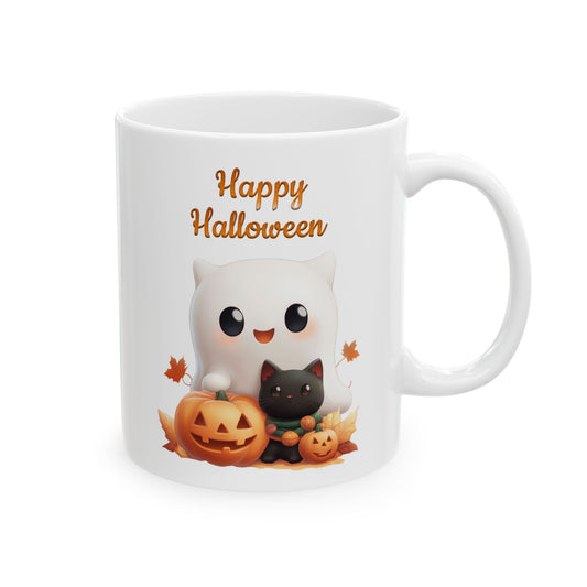 Cute ghost and black cat artwork with pumpkins printed on a white ceramic Halloween coffee mug.