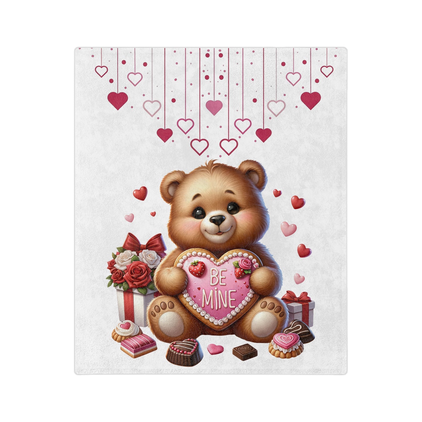 "Luxurious white velveteen blanket featuring an illustration of a smiling brown teddy bear embracing a heart-shaped cookie that reads 'BE MINE,' accompanied by a gift box of red roses, various pastries, and scattered hearts in shades of red and pink, ideal for cozy comfort."