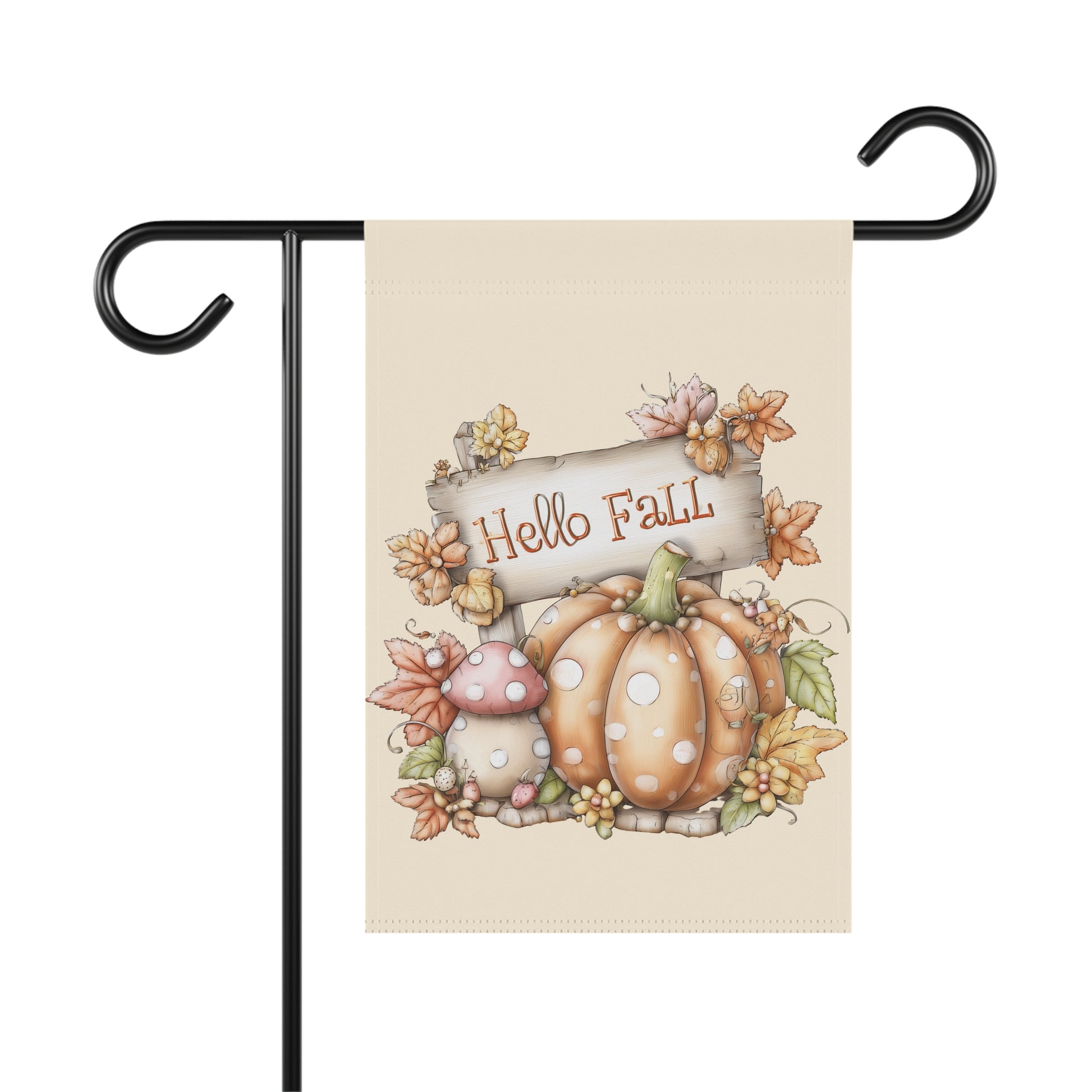 Whimsical autumn garden flag with a light beige background, featuring a rustic wooden sign that says Hello Fall, a large orange polka-dotted pumpkin, a pink mushroom, and soft autumn leaves.
